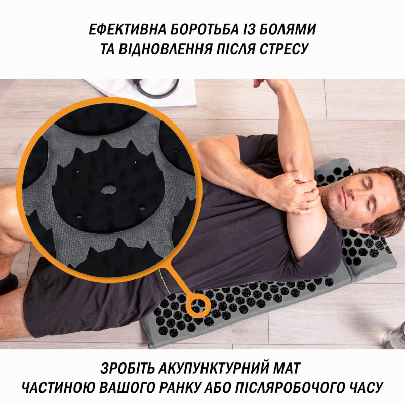 Массажный коврик EasyFit с подушкой (аппликатор Кузнецова) для массажа спины и шеи с чехлом, длина 62 см, ширина 40 см, толщина 2 см, хлопок, пластик, серый