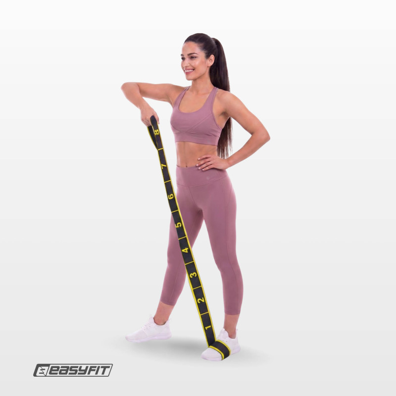 Резинка тканевая EasyFit с петлями для растяжки и тренировок, Уровень нагрузки: Medium, Длина 90 см, Ширина 4 см, Полиэстер, Эластан, Черно-желтый