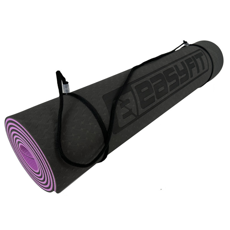 Двошаровий килимок EasyFit для пілатесу, фітнесу та йоги з чохлом, 183x61 см, товщина 6 мм, TPE/TC, ECO-Friendly, чорно-фіолетовий