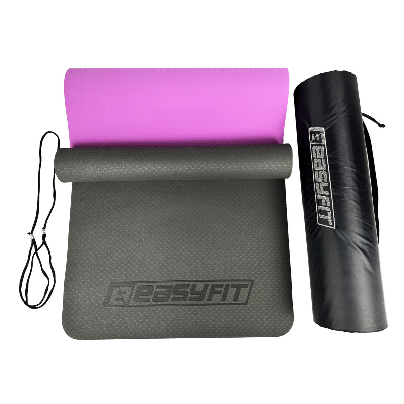 Двошаровий килимок EasyFit для пілатесу, фітнесу та йоги з чохлом, 183x61 см, товщина 6 мм, TPE/TC, ECO-Friendly, чорно-фіолетовий