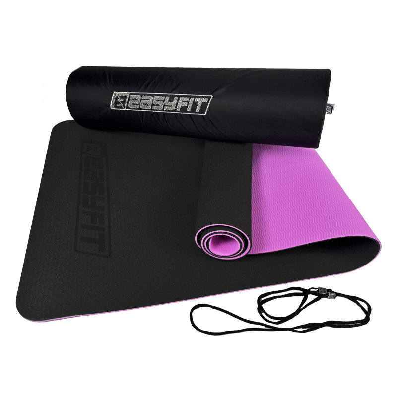 Двошаровий килимок EasyFit для пілатесу, фітнесу та йоги з чохлом, 183x61 см, товщина 6 мм, TPE/TC, ECO-Friendly, чорно-фіолетовий