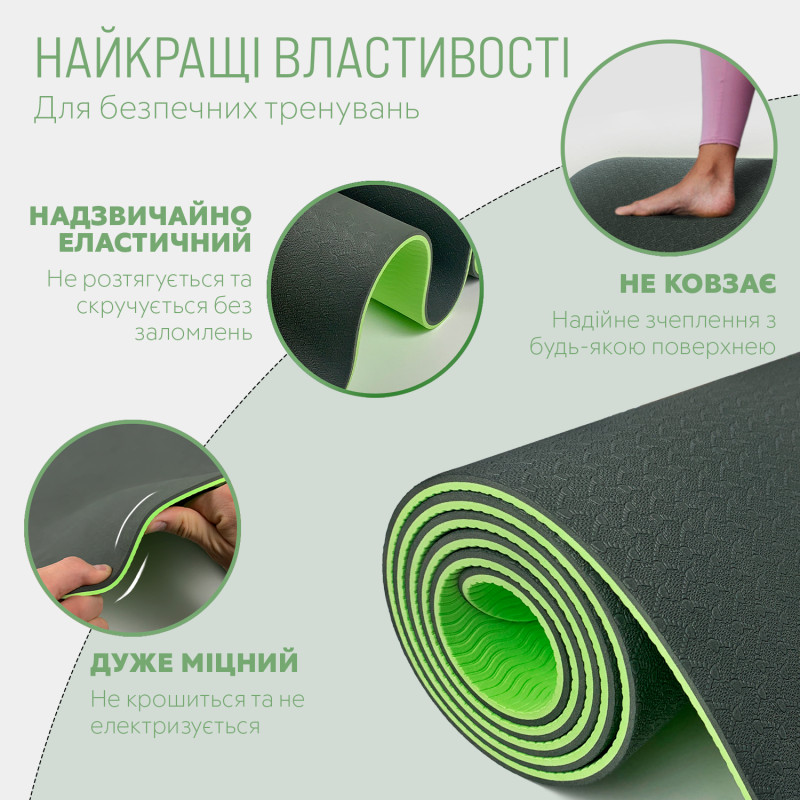 Двошаровий килимок EasyFit для пілатесу, фітнесу та йоги, 183x61 см, товщина 6 мм, TPE/TC, ECO-Friendly, чорно-зелений