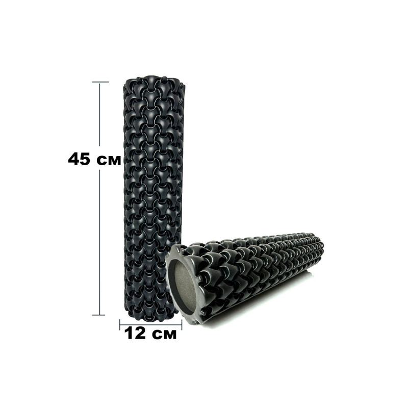 Массажный ролик (валик) EasyFit Plexus, длина 45 см, диаметр 12 см, черный, EVA-пена с массажной поверхностью 3D, для МФР, фитнеса, йоги и реабилитации
