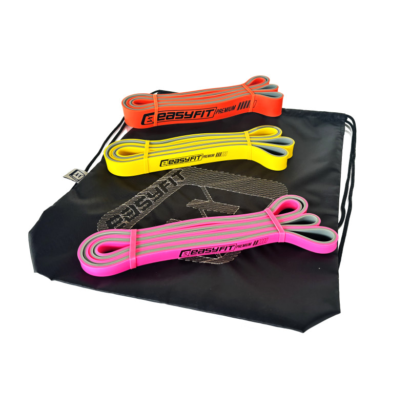 Двухслойные резинки (эспандеры) EasyFit Premium, набор 3 шт, сопротивление 7-45 кг, длина 200 см, толщина 4,5 мм, ширина: 1,3 см, 2,2 см, 3,2 см, латексная резина, розовый, желтый, оранжевый, для силовых тренировок, подтягиваний и реабилитации