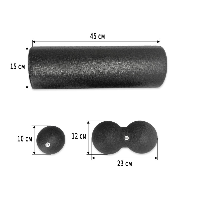 МФР набор для массажа EasyFit MioSet-XL: массажный ролик (валик 45х15 см), двойной массажный мяч (23х12 см) и массажный мяч (10 см) для фитнеса, реабилитации и расслабления мышц