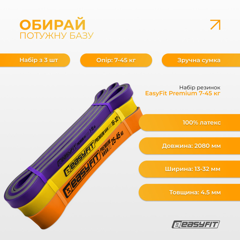 Набор резинок для подтягиваний и спорта EasyFit Premium (3 шт), двухслойные, сопротивление 7-45 кг, сумка для хранения