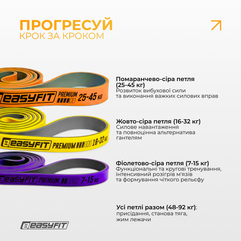Набор резинок для подтягиваний и спорта EasyFit Premium (3 шт), двухслойные, сопротивление 7-45 кг, сумка для хранения