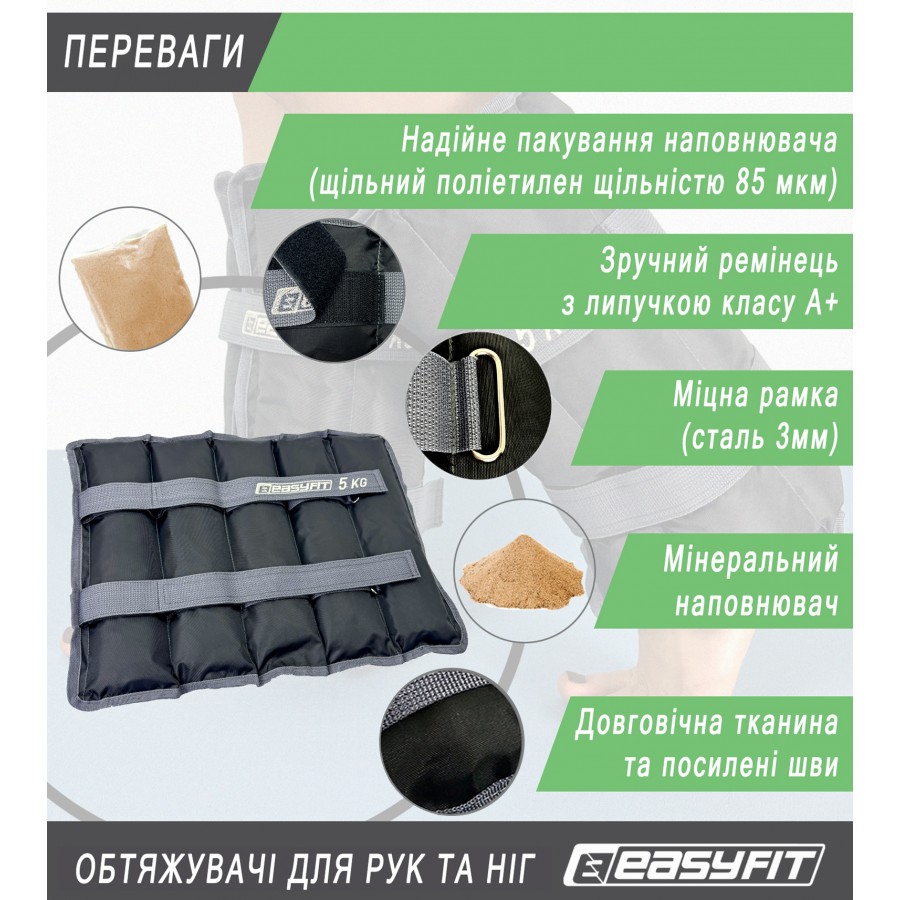 Утяжелители для ног и рук EasyFit (пара), Вес 5 кг, Оксфорд, Песок, Черно-серый