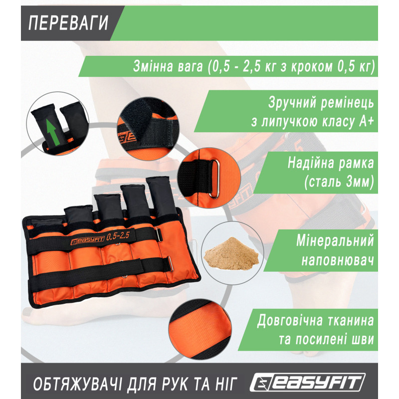 Обтяжувачі для ніг і рук EasyFit набірні (пара), Вага 0,5-2,5 кг, Оксфорд з пропиткою, Пісок, Чорно-помаранчевий