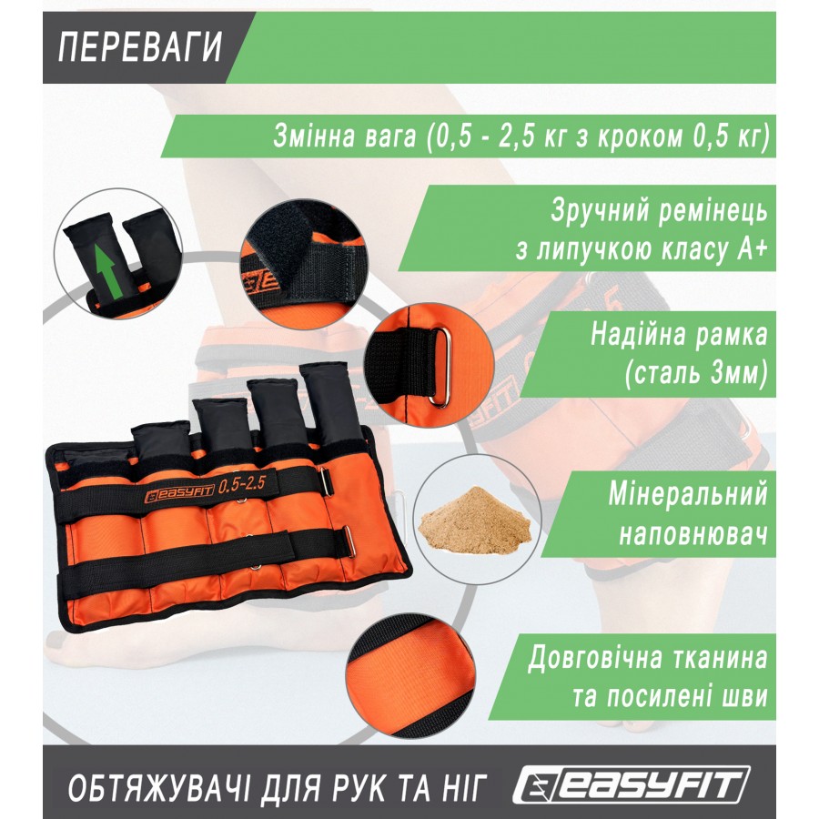 Утяжелители для ног и рук EasyFit наборные (пара), Вес 0,5-2,5 кг, Оксфорд с пропиткой, Песок, Черно-оранжевый