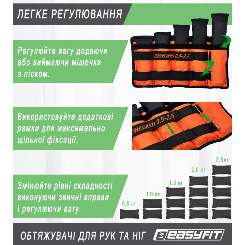 Обтяжувачі для ніг і рук EasyFit набірні (пара), Вага 0,5-2,5 кг, Оксфорд з пропиткою, Пісок, Чорно-помаранчевий