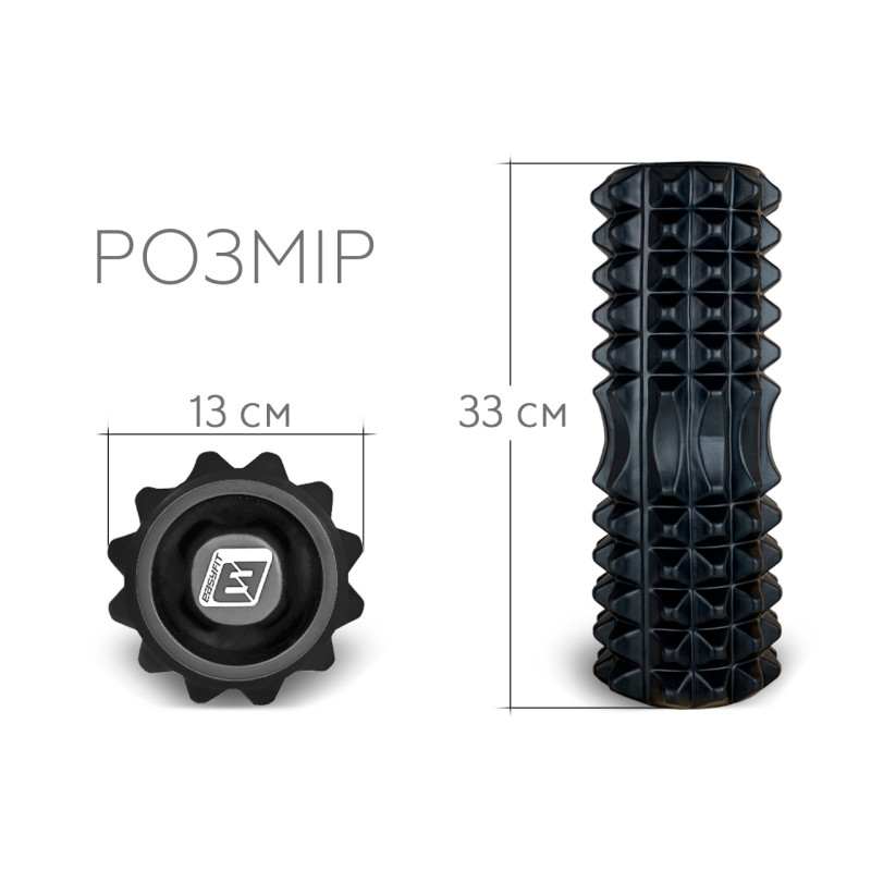 Массажный ролик EasyFit Grid Roller v1.2 с заглушками, Длина 33 см, Диаметр 13 см, Пена EVA с 3D массажной поверхностью, для йоги, фитнеса и реабилитации, Черный