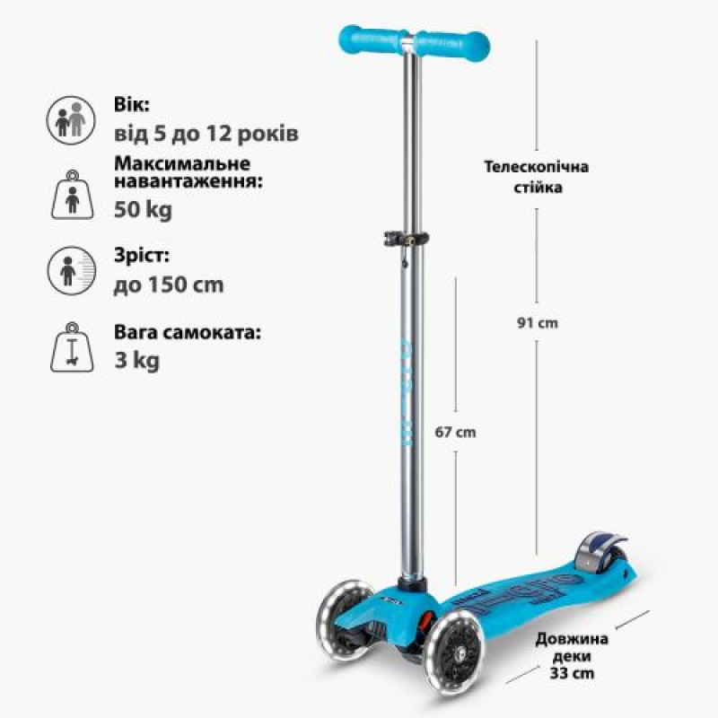 Самокат Micro серии Maxi Deluxe Glow LED - Синий хрусталь