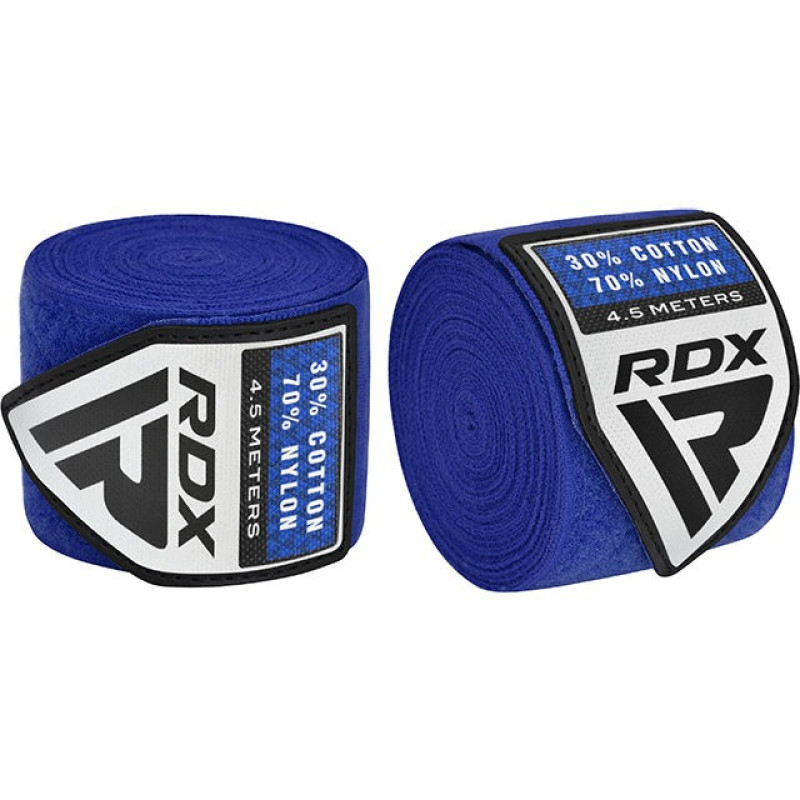 Бинты для бокса RDX WX Professional Boxing Hand Wraps Blue, Комплектация: пара (2 бинта), Длина 4,5 м, Эластичные, Хлопок, Нейлон, Синий