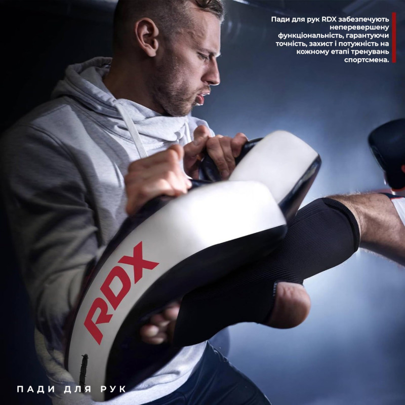 Пади для тайського боксу RDX T1 Curved Thai Kick Pad White (1 штука), Шкіра Maya Hide, Система фіксації Quick-EZ™ на липучці, Чорно-білий