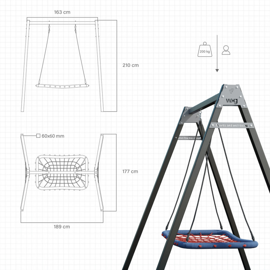 Каркас для детских качелей WCG 1 Elite 60х60 Play Frame + качели пластиковые Blow