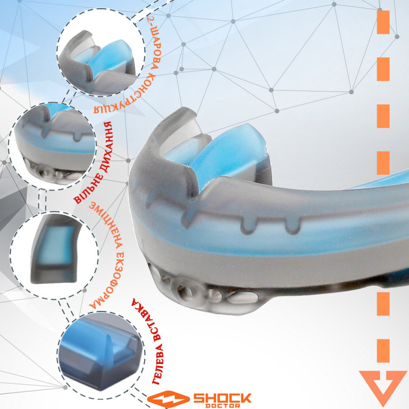 Капа Shock Doctor Ultra Braces под брекеты, Взрослая (возраст 12+), Посадка: кипячение+прикус, Медицинский силикон, Серый