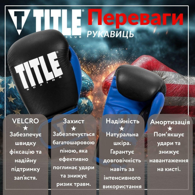 Боксерські рукавиці TITLE Boxing Dynamic Strike Black/Blue 14 oz (бинти 4м. у комплекті)