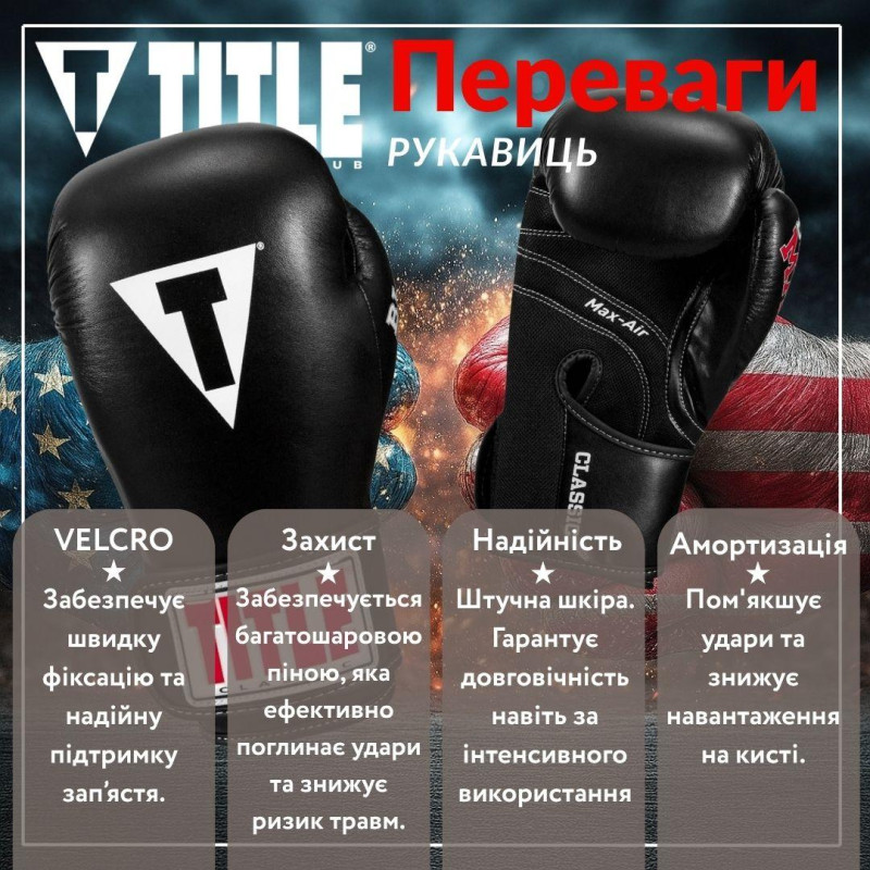 Боксерські рукавиці TITLE Classic Black Max Black 16 oz (бинти 4м. в комплекті)