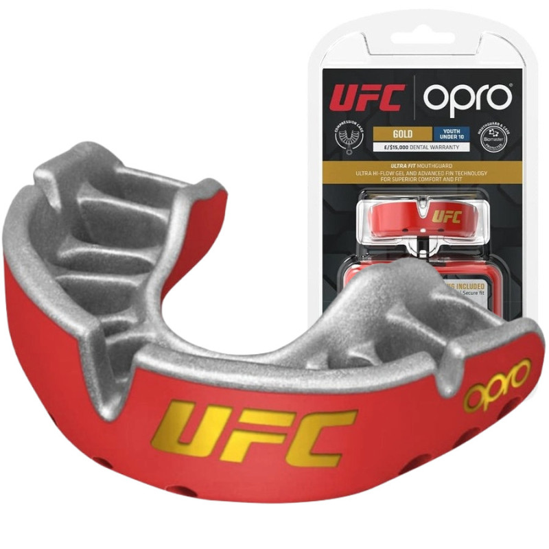 Капа OPRO Gold UFC дитяча (вік до 10 років) Red/Silver, Двошарова, Компресійна клітка+гель Hi-Flow, Червоний