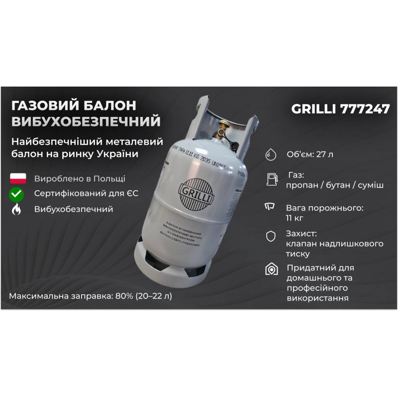 Газовий балон, вибухобезпечний 11кг, 27л. GRILLI 777724 Код: 006652