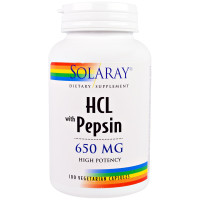 Бетаин HCL и Пепсин, HCL with Pepsin, Solaray, 650 мг, 100 вегетарианских капсул