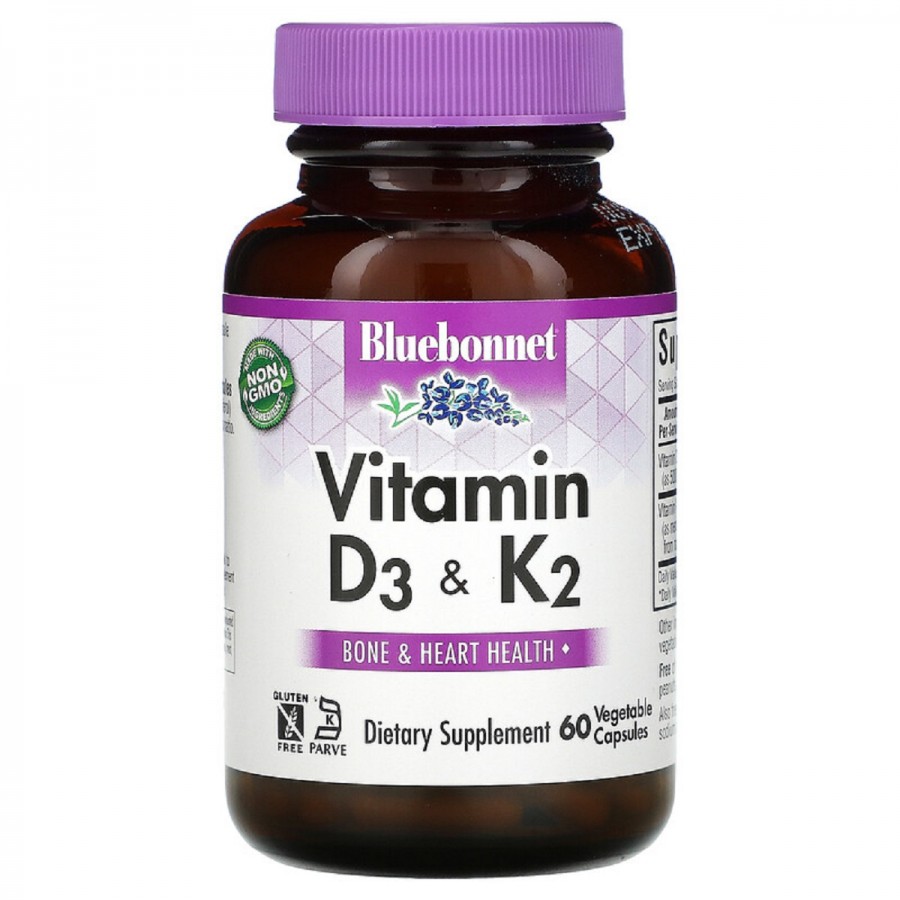 Вітаміни D3 і K2, Vitamins D3 & K2, Bluebonnet Nutrition, 60 вегетаріанських капсул