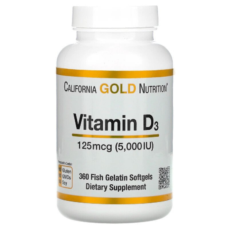 Витамин D3, 5000 МО (125 мкг), California Gold Nutrition, 360 желатиновых капсул