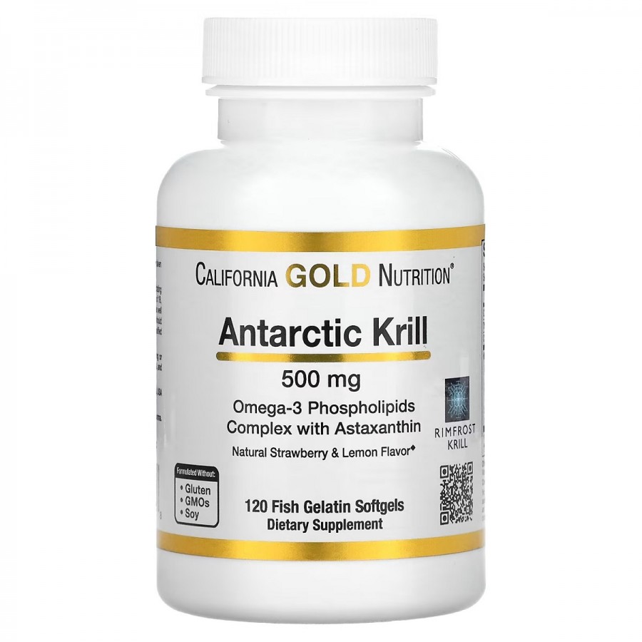 Олія антарктичного криля, 500 мг, смак полуниці та лимона, Antarctic Krill Oil, Omega-3, California Gold Nutrition, 120 желатинових капсул