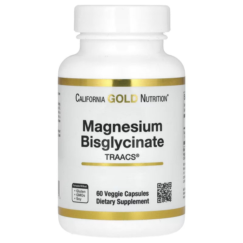 Магний Бисглицинат, 200 мг, Magnesium Bisglycinate Formulated with TRAACS, California Gold Nutrition, 60 вегетарианских капсул