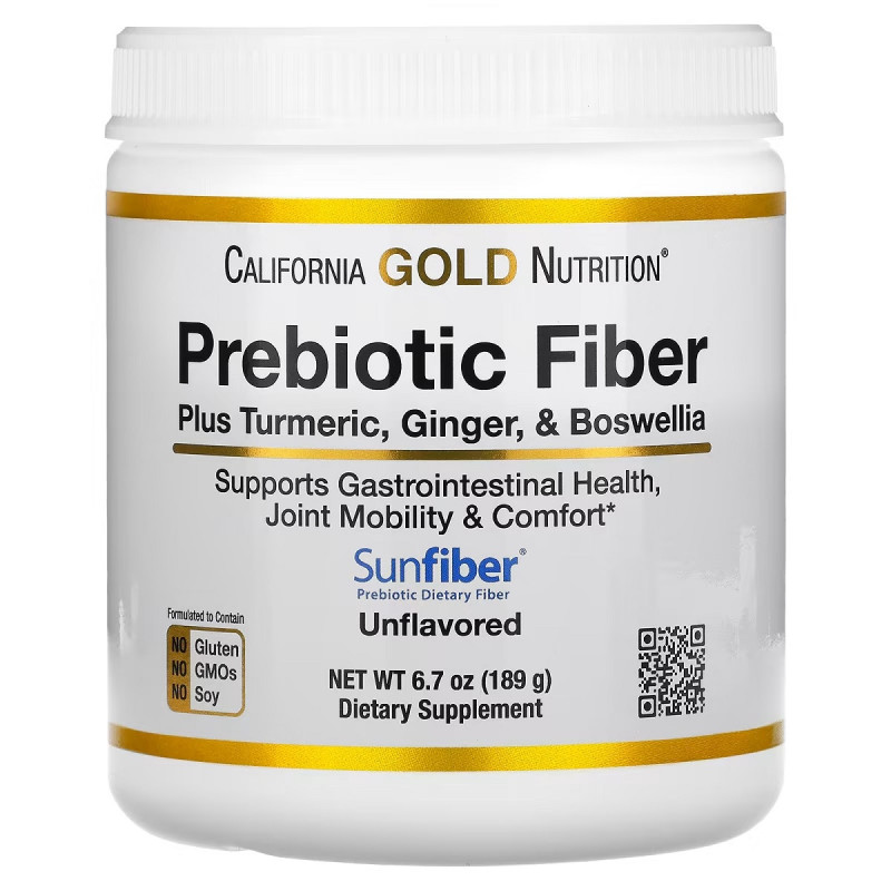 Пребиотическое волокно плюс куркума, имбирь и босвелия, Prebiotic Fiber Plus Turmeric, Ginger, Boswellia, California Gold Nutrition, 189 г