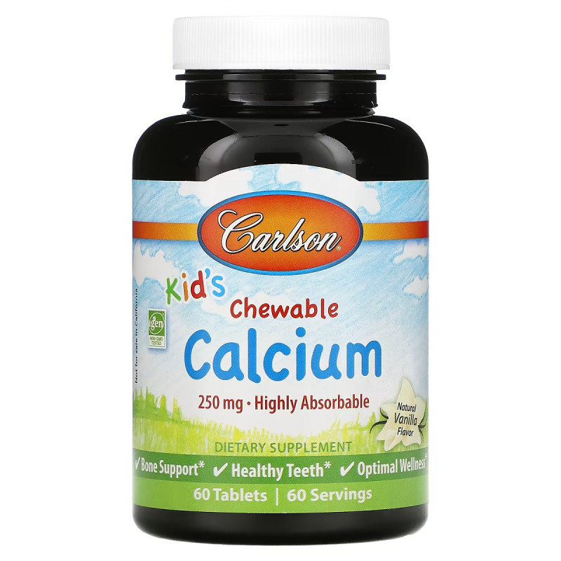 Кальций Детский, ванильный вкус, Kid's, Chewable Calcium, Carlson, 60 жевательных таблеток