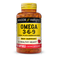 Тройное Омега 3-6-9, масло рыбы льна и огурца, Omega 3-6-9 1,200 мг Рыбий, Льняное и Бораговое масла, Mason Natural, 60 желатиновых капсул.