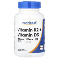 Вітамін K2 та вітамін D3, Vitamin K2 + Vitamin D3, Nutricost, 120 гелевих капсул