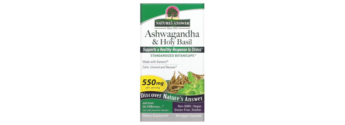 Ашваганда та базилік священний, 550 мг, Ashwagandha & Holy Basil, Nature's Answer, 60 вегетаріанських капсул