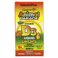 Витамин D3 400 МЕ для детей, Вкус апельсина, Animal Parade, Жидкие капли витамина D3, Natures Plus, 10 мл