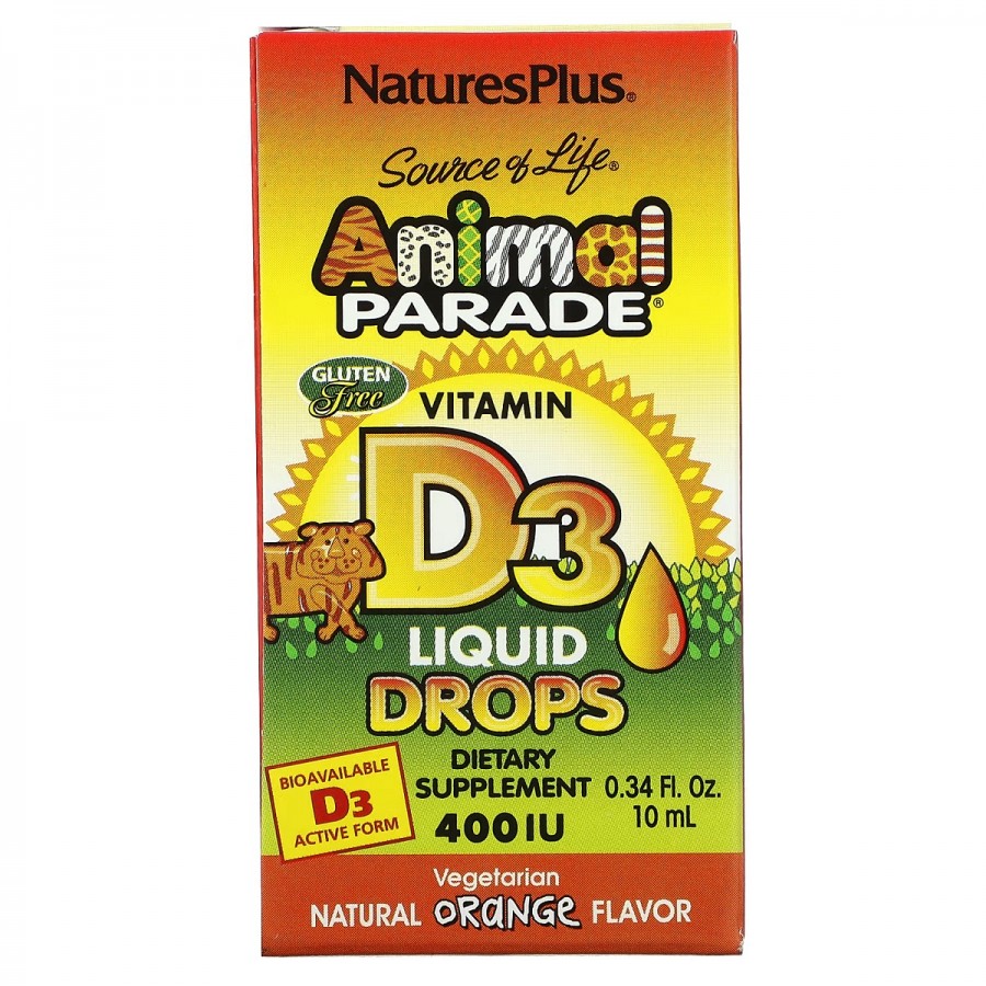 Вітамін D3 400 МО для дітей, Смак апельсина, Animal Parade, Vitamin D3 Liquid Drops, Natures Plus, 10 мл краплі