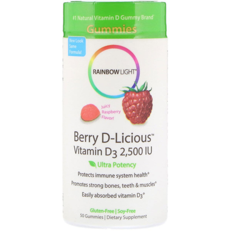 Витамин D3, вкус малины, Berry D-Licious, Rainbow Light 2500 МО, 50 желейных конфет