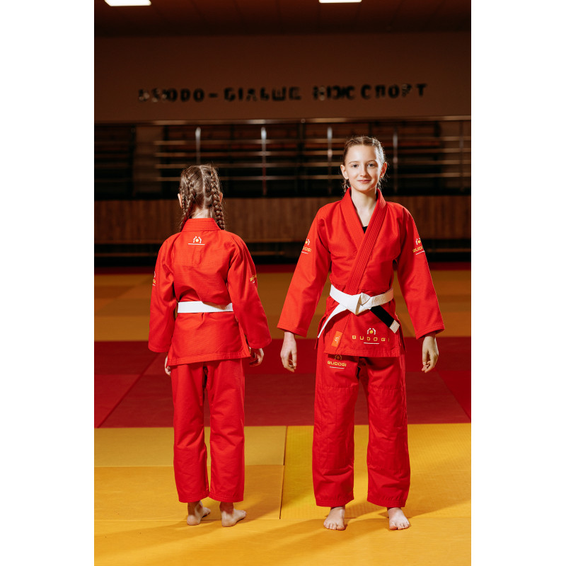 Красное детское кимоно для девочек, джиу-джитсу, TM BUDOGI, рост 130 см, плотность 350 гр/м.кв.