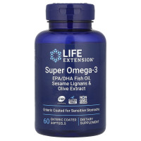 Омега-3, рыбий жир, Super Omega-3, EPA/DHA Fish Oil, Life Extension, лигнаны кунжута и экстракт оливок, 60 гелевых капсул капсул с энтеросолюбильной оболочкой
