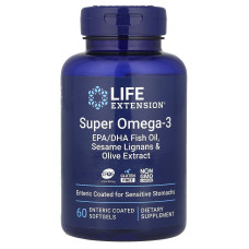 Омега-3, рыбий жир, Super Omega-3, EPA/DHA Fish Oil, Life Extension, лигнаны кунжута и экстракт оливок, 60 гелевых капсул капсул с энтеросолюбильной оболочкой