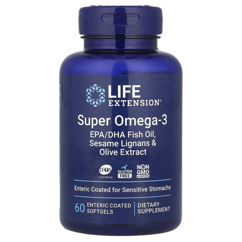 Омега-3, рыбий жир, Super Omega-3, EPA/DHA Fish Oil, Life Extension, лигнаны кунжута и экстракт оливок, 60 гелевых капсул капсул с энтеросолюбильной оболочкой