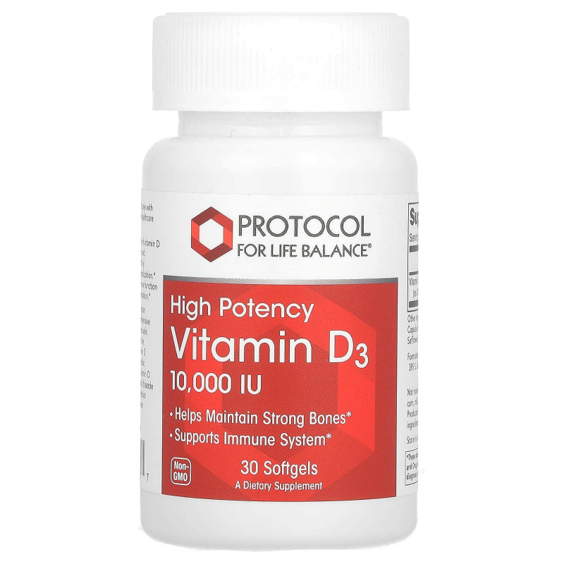 Витамин D3, Vitamin D3, Protocol for Life Balance, высокая эффективность, 10 000 МЕ, 30 гелевых капсул