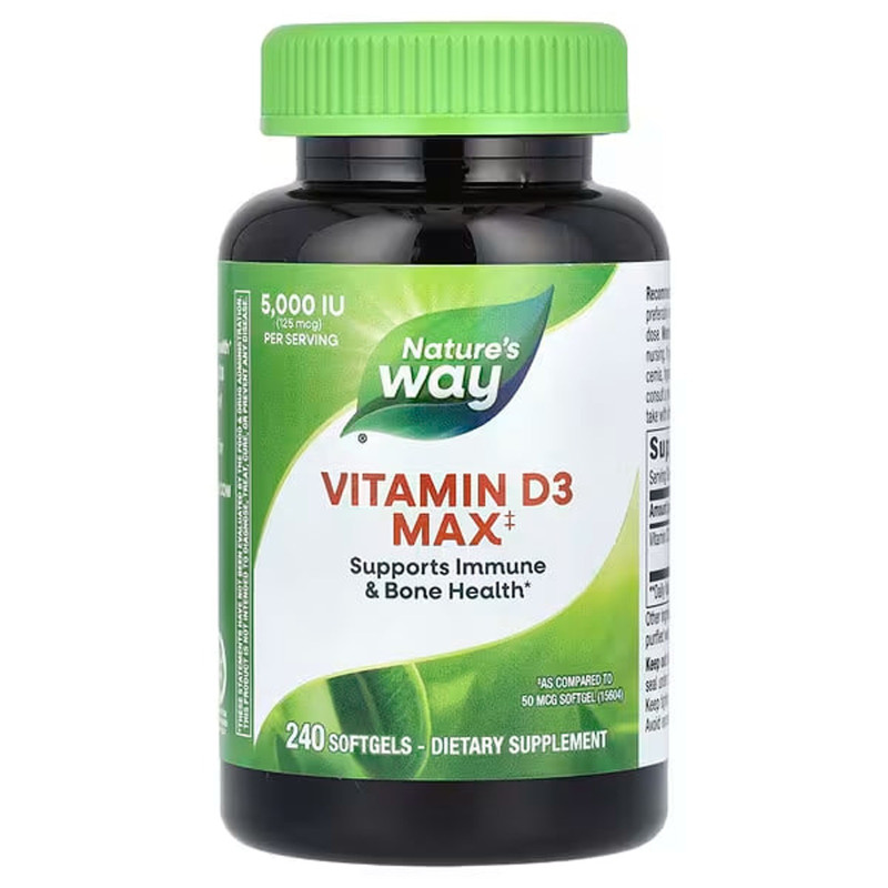 Витамин D-3, Vitamin D3 Max, Nature's Way, максимальная сила, 125 мкг (5000 МЕ), 240 гелевых капсул