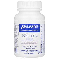 Витамины группы B (сбалансированная витаминная формула), B-Complex Plus, Pure Encapsulations, для поддержки роста красных кровяных телец, неврологического и психологического здоровья, сердечно-сосудистой системы, уровня энергии и зрения, 60 капсул