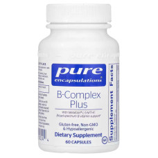 Витамины группы B (сбалансированная витаминная формула), B-Complex Plus, Pure Encapsulations, для поддержки роста красных кровяных телец, неврологического и психологического здоровья, сердечно-сосудистой системы, уровня энергии и зрения, 60 капсул