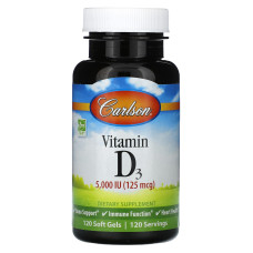 Вітамін D-3, Vitamin D3, Carlson, 125 мг (5000 МО), 120 гелевих капсул