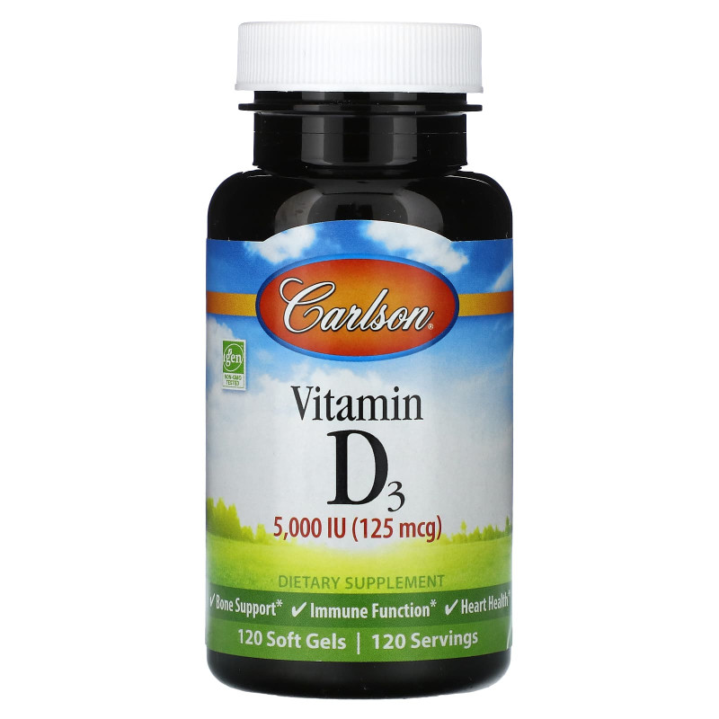 Вітамін D-3, Vitamin D3, Carlson, 125 мг (5000 МО), 120 гелевих капсул