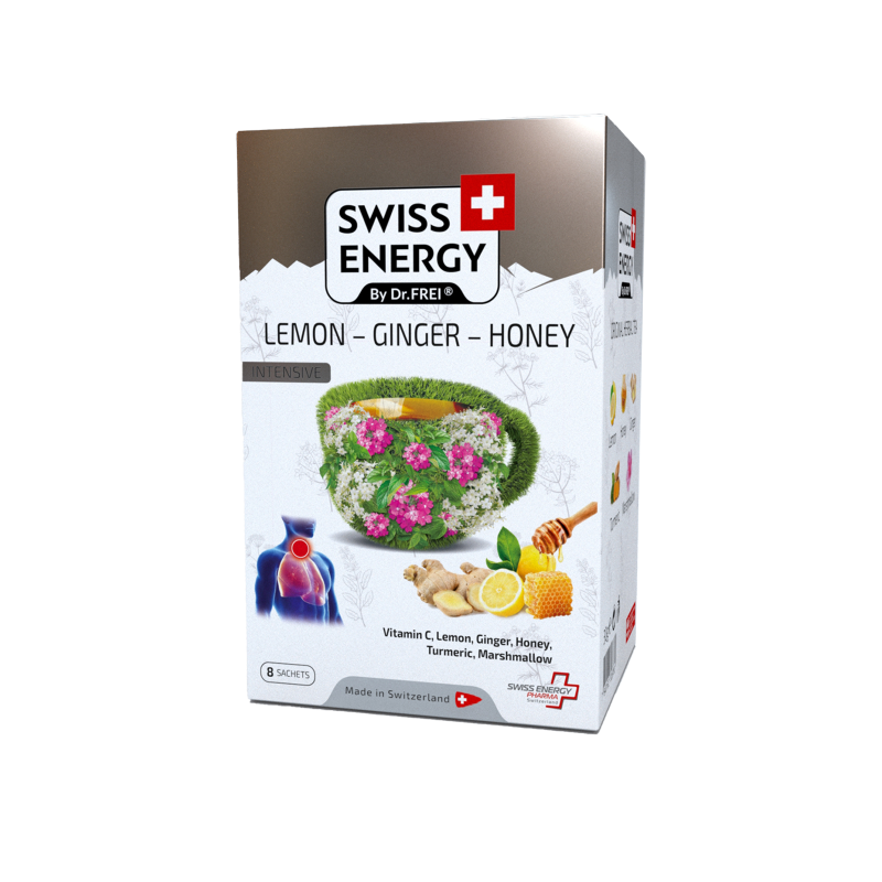 Чай от простуды, Herbal tea LEMON - GINGER - HONEY, Swiss Energy, от кашля, боли в горле и заложенности носа, альпийские травы, лимон, имбирь и мед, 8 пакетиков