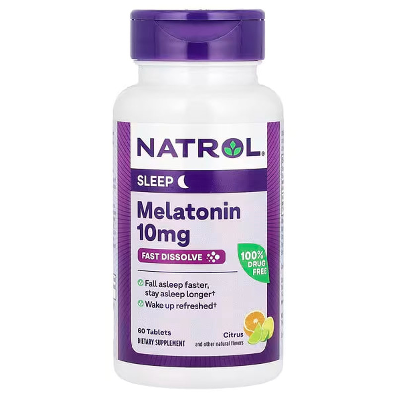 Мелатонін, Melatonin, Natrol, швидкорозчинний, максимальна сила, цитрусовий, 10 мг, 60 таблеток для розсмоктування